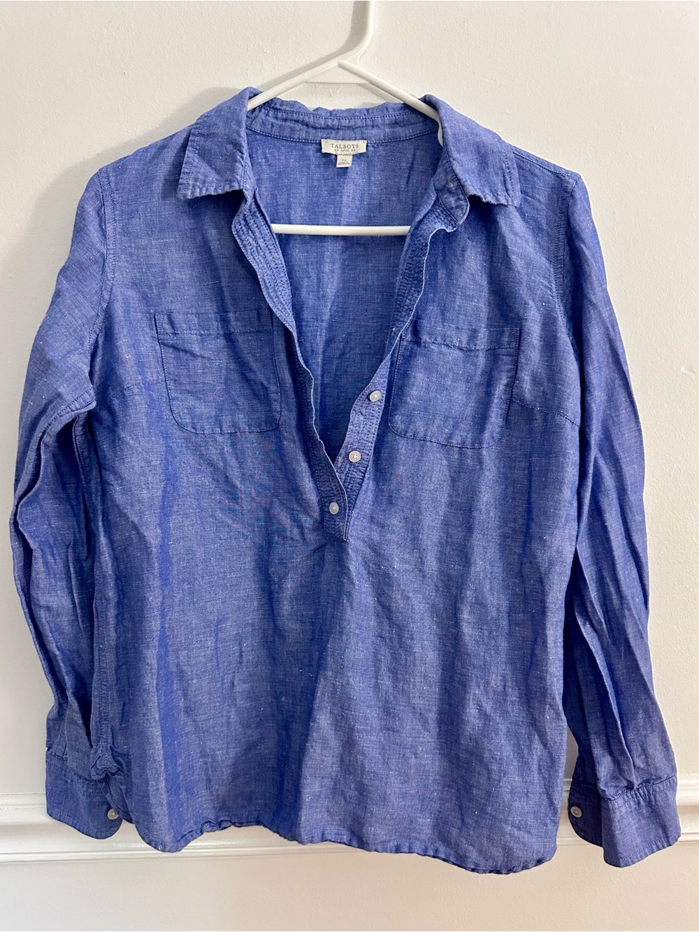 TALBOTS Petite SP Chambray Blue Linen Blend Henley Popover Shirt Top Small P